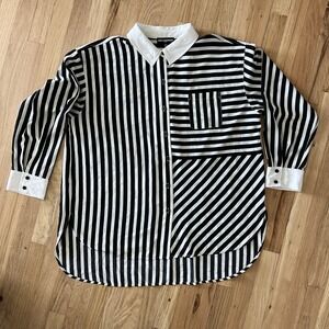 Karl Lagerfeld Paris Striped Button Down Shirt Blouse Top XL Black White